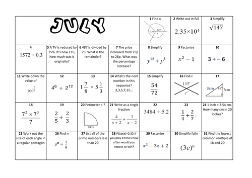 Question a Day Calendar - July KS3/4