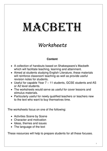 Macbeth activities for GCSE lessons at a moments notice
