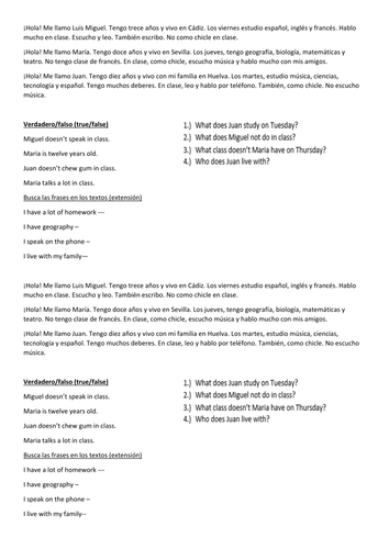 COMPREHENSION SCHOOL SUBJECTS - TRUE FALSE, FIND PHRASES