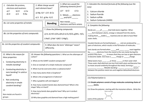 Edexcel 9-1 CC5 CC6 CC7 Ionic, Covalent  revision sheet/mat questions + answers PAPER 1 + 2 TOPIC 1