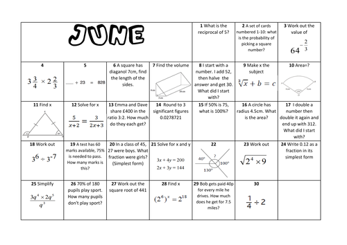 Question a Day Calendar - June KS3/4 (Maths)