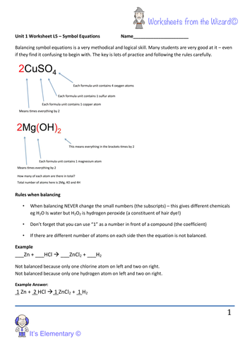AQA unit 1 chemistry worksheet - balancing chemical equations and