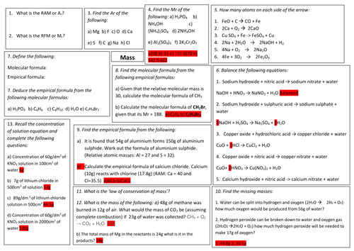 Edexcel CC9a CC9b Calculations involving masses REVISION MAT/SHEET answers PAPER 1 PAPER 2 TOPIC 1