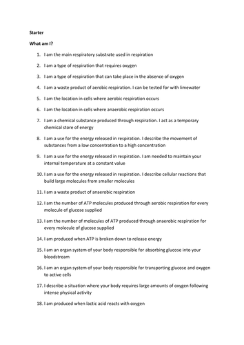 Respiration - 'what am I' quiz