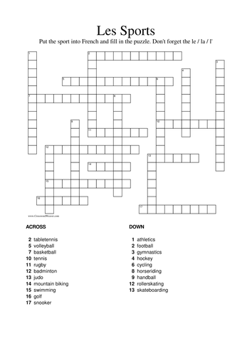 Sports vocabulary from Métro 1 page 68 Crossword in French