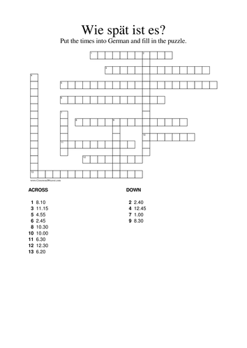 Wie spât ist es? - Telling the Time crossword in German