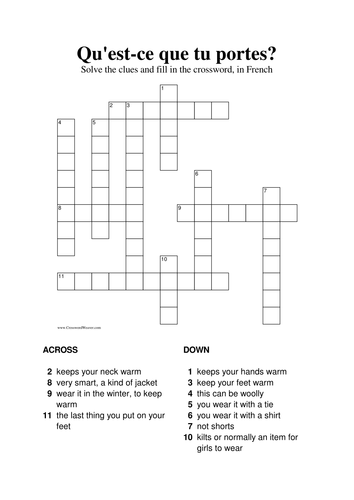 Qu'est-ce que tu portes? Crossword in French