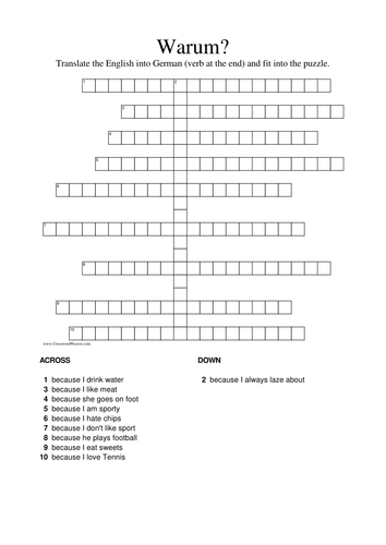 Crossword in German to practise the 'weil' clause