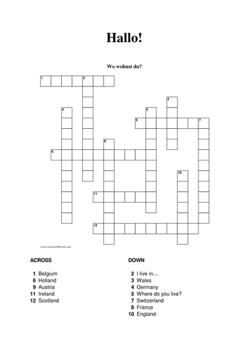Crossword in German on countries and where you live Teaching Resources