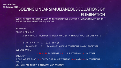 Solving linear simultaneous equationd by the method of elimination