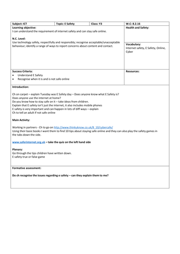 NEW! ICT Year 3 internet safety lesson plan