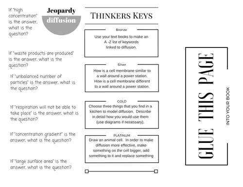 Diffusion Activites including SOLO hexagons, Thinkers Key and Jeopardy