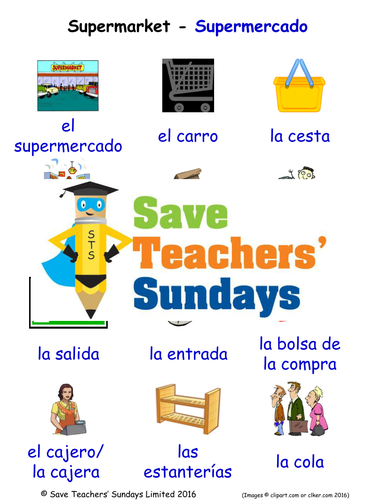 Supermarket in Spanish Worksheets, Games, Activities and Flash Cards