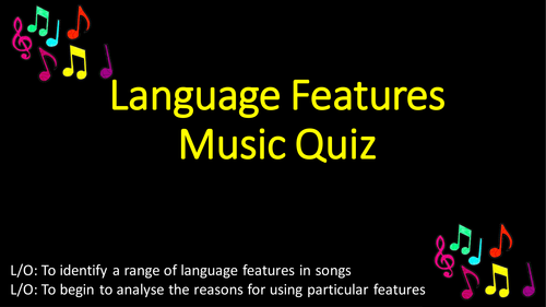 GCSE English - Language Features in Pop Music Quiz with Worksheet