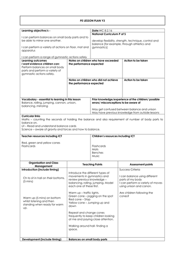 NEW! Year 3 PE lesson plan balancing