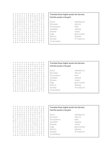 German translate / wordsearch clothes vocab