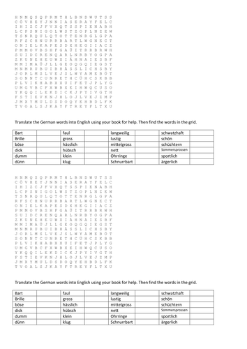 German personality / description vocab wordsearch