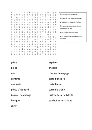Bureau de change wordsearch