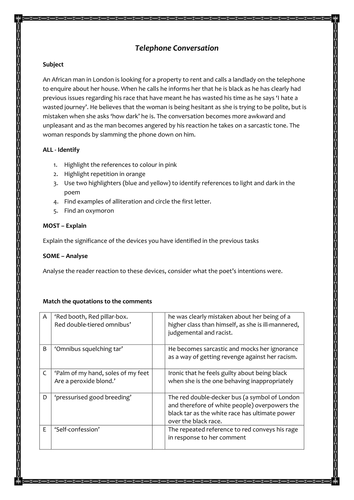 Poem Telephone Conversation. Differentiated tasks to prepare for IGCSE/GCSE exam and unseen section