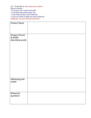 English / Literacy Persuasive Advert Plan