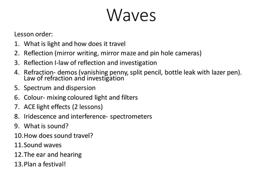 High ability Y8 Waves- light and sound full sequence of lessons
