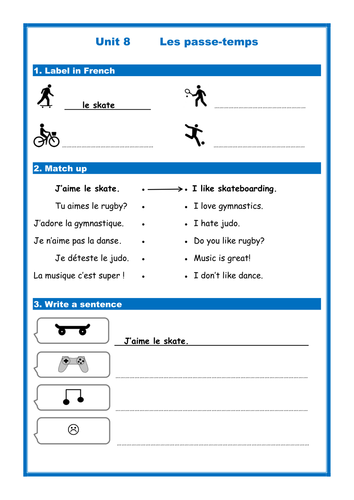 French hobbies (Les passe-temps) - Simple Worksheets (Studio/Expo)