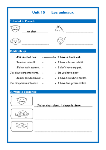 French pets (Les animaux) - Simple Worksheets (Studio/Expo)