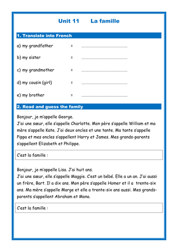 French Family Members La Famille Simple Worksheet Studio Expo Teaching Resources