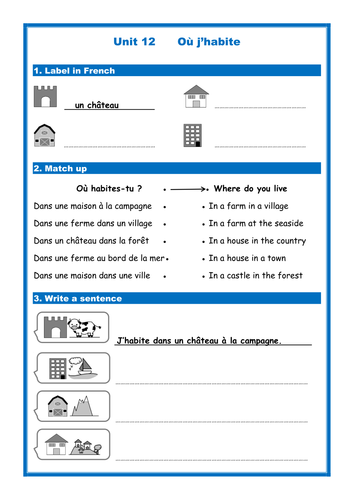 French places to live (Ou j'habite) - Simple Worksheets (Studio/Expo)