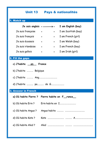 French countries & nationalities (Les pays) - Simple Worksheet (Studio/Expo)