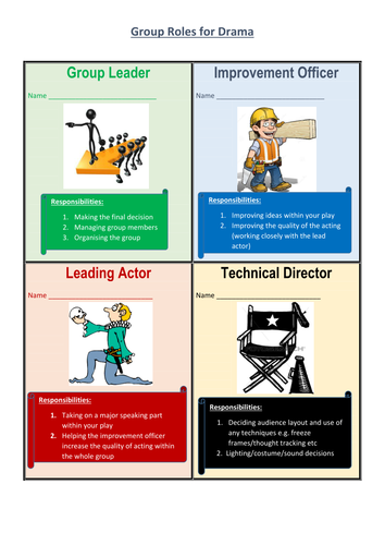 Drama group role cards. Ideal for KS3 and 4. Great differentiation strategy.