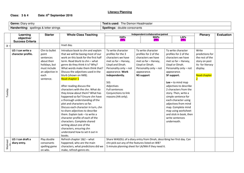 Literacy planning - The Demon Headmaster Year 3/4