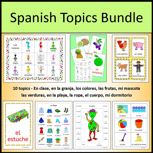 Spanish Topic Sets Bundle - clothing, beach, pets, colors, body, fruit, vegetables, bedroom, farm, classroom