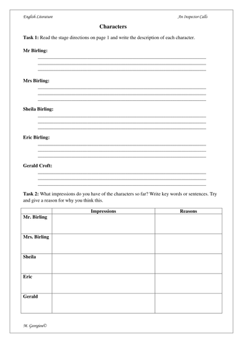 An Inspector Calls - Acts 1 & 2 activity sheets