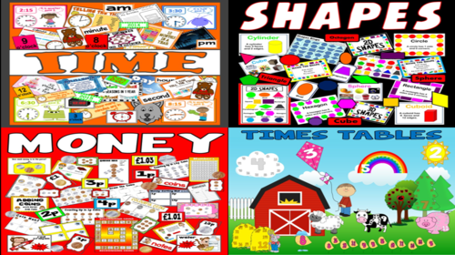 *MATHS BUNDLE* SHAPES, MONEY, TELLING THE TIME, TIMES TABLES