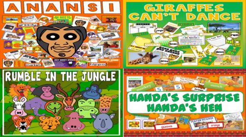 *STORY BUNDLE* ANANSI X 3, HANDA'S  SURPRISE AND HEN, GIRAFFES CAN'T DANCE, RUMBLE IN THE JUNGLE - ANIMALS,  AFRICA, FRUIT, FRIENDS, MORALS, GEOGRAPHY,  EARLY YEARS,  KEY STAGE 1-2