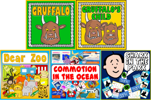 *STORY BUNDLE* 5 STORIES - GRUFFALO, GRUFFALO'S CHILD, DEAR ZOO, COMMOTION IN THE OCEAN, SHARK IN THE PARK - ANIMALS, WOODS, WINTER, AUTUMN, SEALIFE, READING, WRITING, ENGLISH, EARLY YEARS, KEY STAGE 1, LITERACY