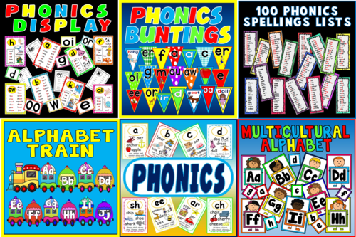 *PHONICS BUNDLE* DISPLAY, POSTERS, FLASHCARDS, WORKSHEETS, BUNTINGS, SPELLINGS LISTS, ALPHABET TRAIN, MULTICULTURAL ALPHABET FLASHCARDS - EARLY YEARS, KEY STAGE 1, LETTERS AND SOUNDS