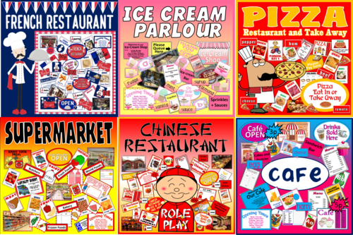 *FOOD ROLE PLAY BUNDLE* 6 PACKS - FRENCH CHINESE RESTAURANTS, ICE CREAM PARLOUR, PIZZA, SUPERMARKET, CAFE - FOOD, MONEY, CULTURE, HEALTHY EATING, SCIENCE, OURSELVES, EARLY YEARS, KEY STAGE 1, EXPRESSIVE PLAY