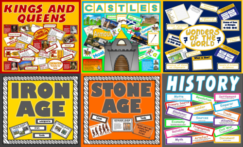 *HISTORY BUNDLE* IRON AND STONE AGE, 7 WONDERS, CASTLE, KINGS AND QUEENS, KEY WORDS DISPLAY, FLASHCARDS, ROLE PLAY, ANCIENT, MEDIEVAL, KEY STAGE 2