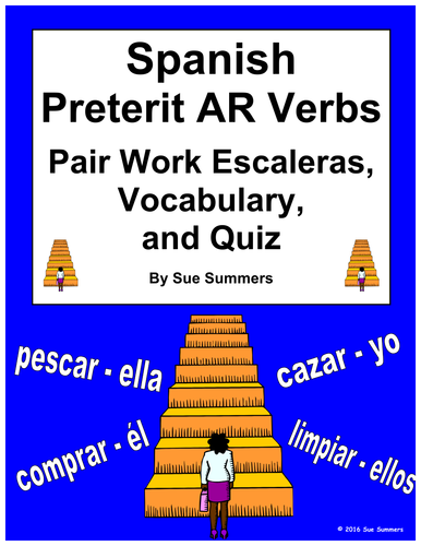 Spanish Preterit AR Verbs Pair Work Escaleras Activity, Vocabulary, and Quiz