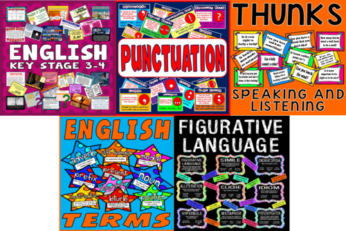 *ENGLISH BUNDLE KS3-4* ACTIVITIES, GAMES, TASKS,, STARTERS, PUNCTUATION POSTERS, THUNKS SPEAKING AND LISTENING, ENGLISH KEY TERMS WORDS FLASHCARDS, FIGURATIVE LANGUAGE DISPLAY POSTERS - KEY STAGE 3-4, LITERACY