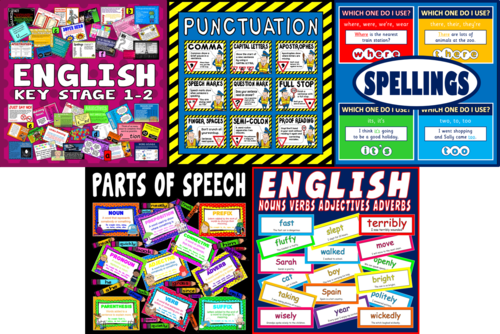 *ENGLISH BUNDLE* ACTIVITIES, GAMES, STARTERS ETC, PUNCTUATION POSTERS, SPELLINGS POSTERS, PARTS OF SPEECH, DISPLAY, CLASSROOM, LITERACY, KEY STAGE 1-2