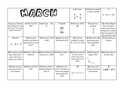 Question a Day Calendar Maths - March KS2