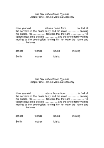 Boy in the Striped Pyjamas - cloze activities Chapters 1-10 and Chapter 15