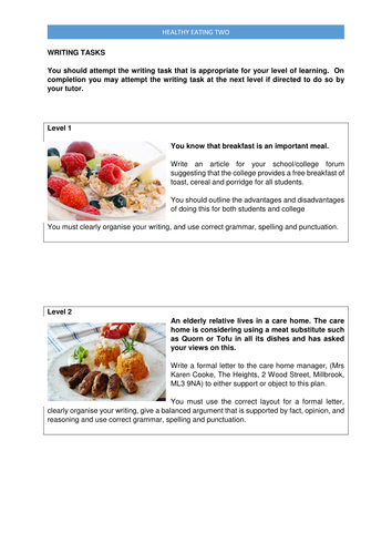 Healthy Eating Two - Writing Tasks