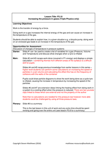GCSE Science / Physics - Increasing the pressure of  a gas (PowerPoint and Lesson Plan)