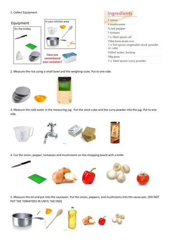 Savoury Rice Practical with EAL/SEN recipe sheet and practical assessment sheet