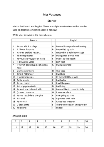 Holiday phrases in French - in a variety of tenses - matching exercise