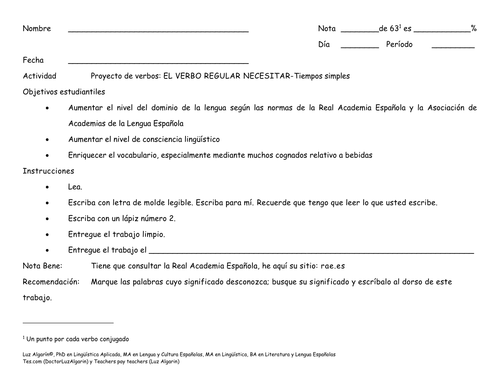 El verbo regular: Necesitar - Proyecto